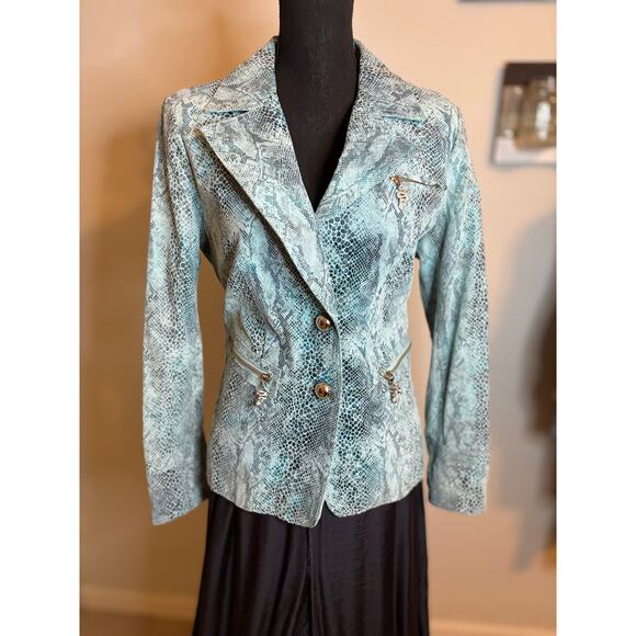 Pamela McCoy Jackets & Blazers - PAMELA MCCOY Turquoise Suede Foil Snake Print Leather Blazer Jacket